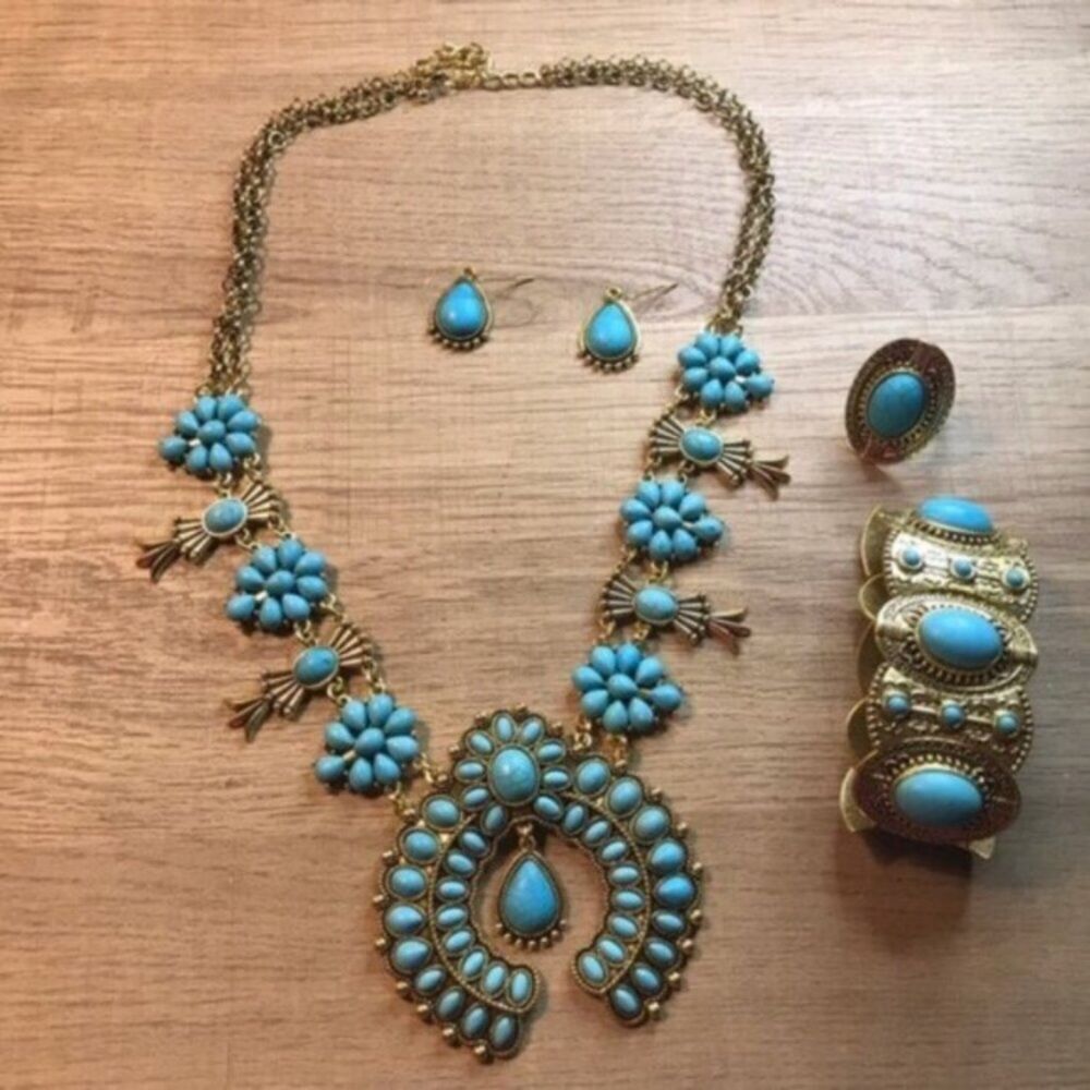 Western Boho 5pcs Squash Blossom Turquoise and Gold Statement Necklace Set